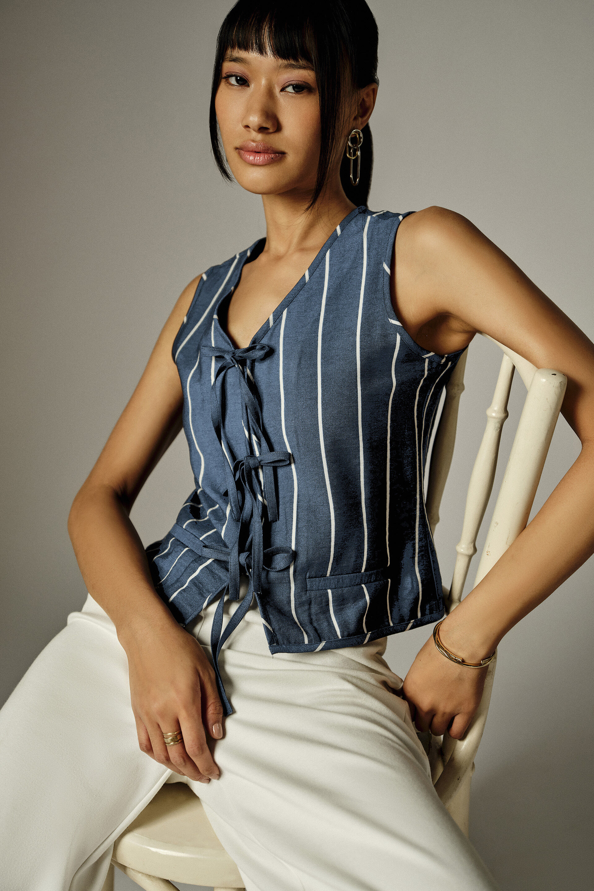 Rona Navy Striped Top, Navy Blue, image 2